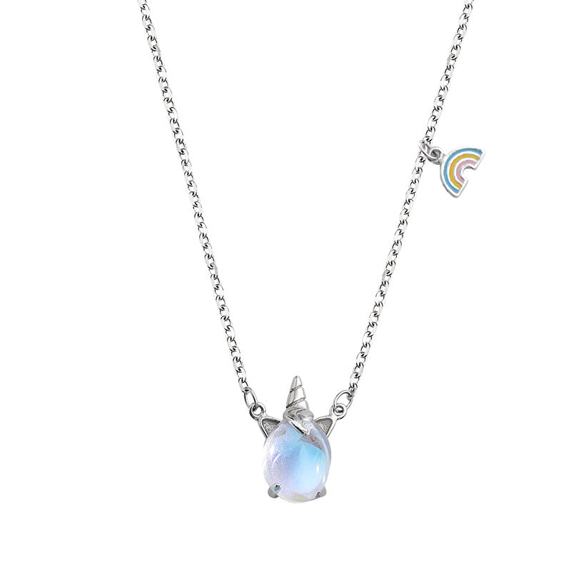 Unicorn with Rainbow Necklace in Silver Clavicle Chain
