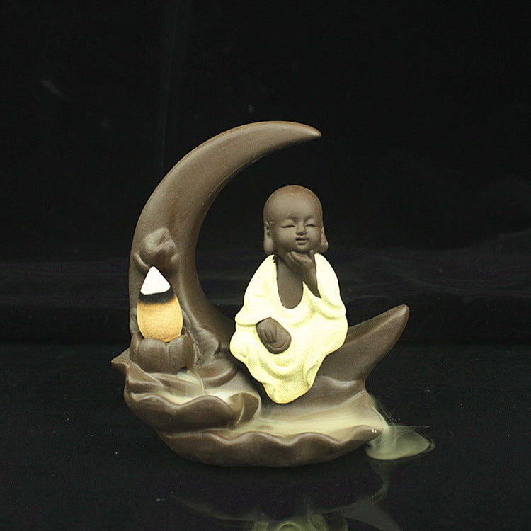 Small Monk Chess and Calligraphy Painting back incense burner ornamental with Moonlight